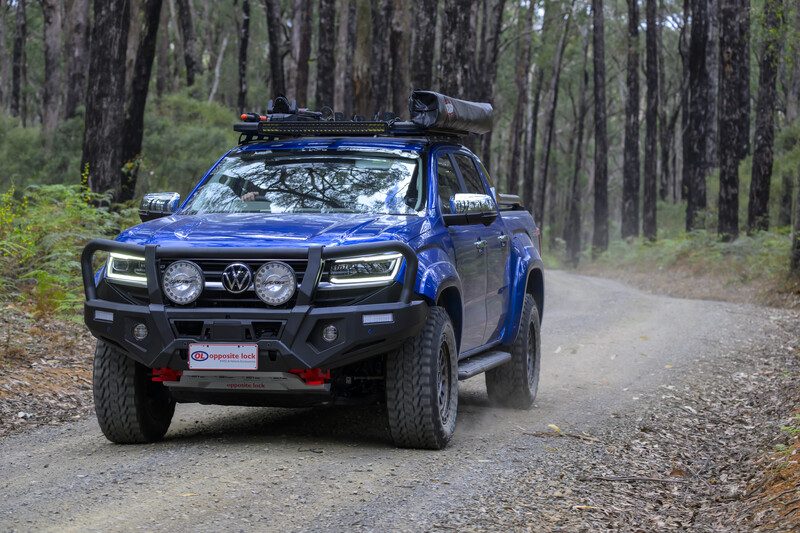 Volkswagen Amarok with an Opposite Lock bull bar on a forest track